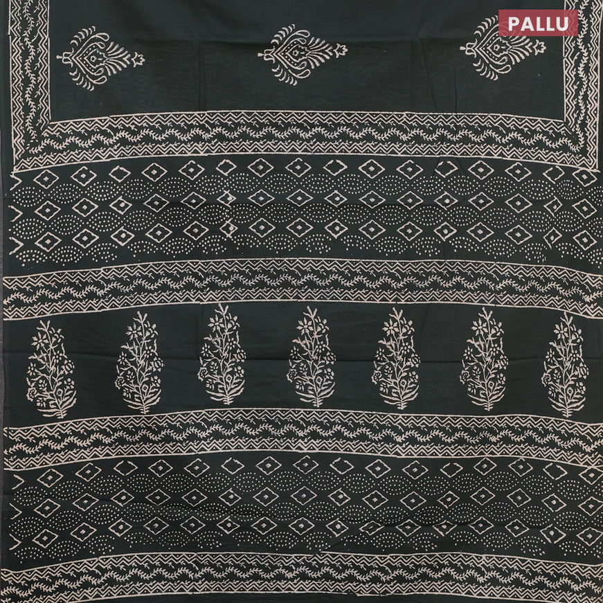 Jaipur cotton saree dark green with allover prints and printed border