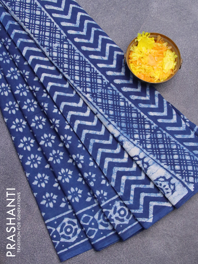 Jaipur cotton saree indigo blue with allover prints and printed border