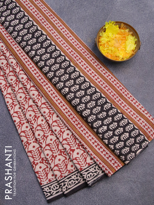Jaipur cotton saree maroon beige and black with allover prints and printed border
