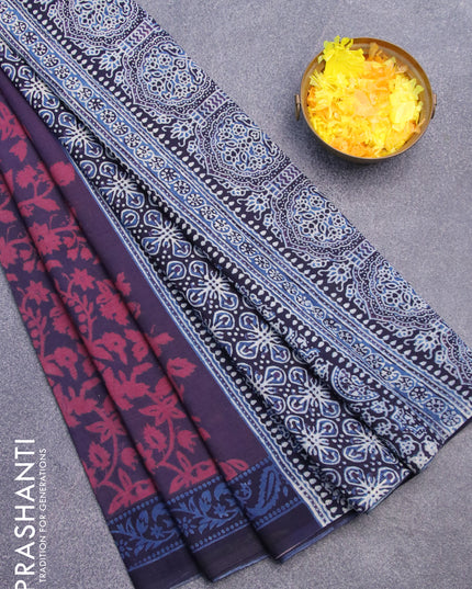 Jaipur cotton saree blue maroon and navy blue with allover prints and printed border