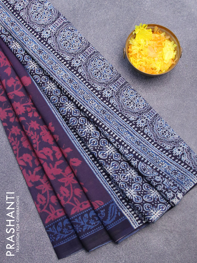 Jaipur cotton saree blue maroon and navy blue with allover prints and printed border
