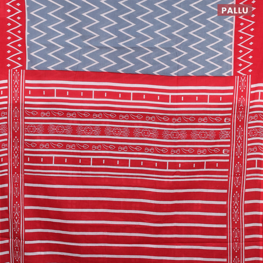 Jaipur cotton saree grey and red with allover zig zag prints and printed border