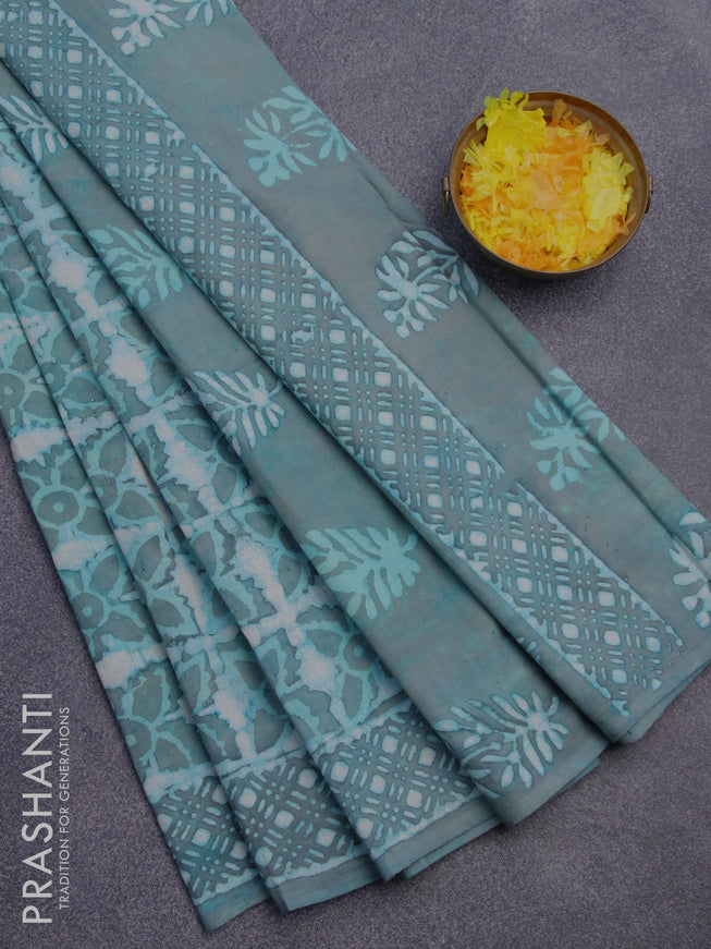 Jaipur cotton saree pastel green with allover prints and printed border