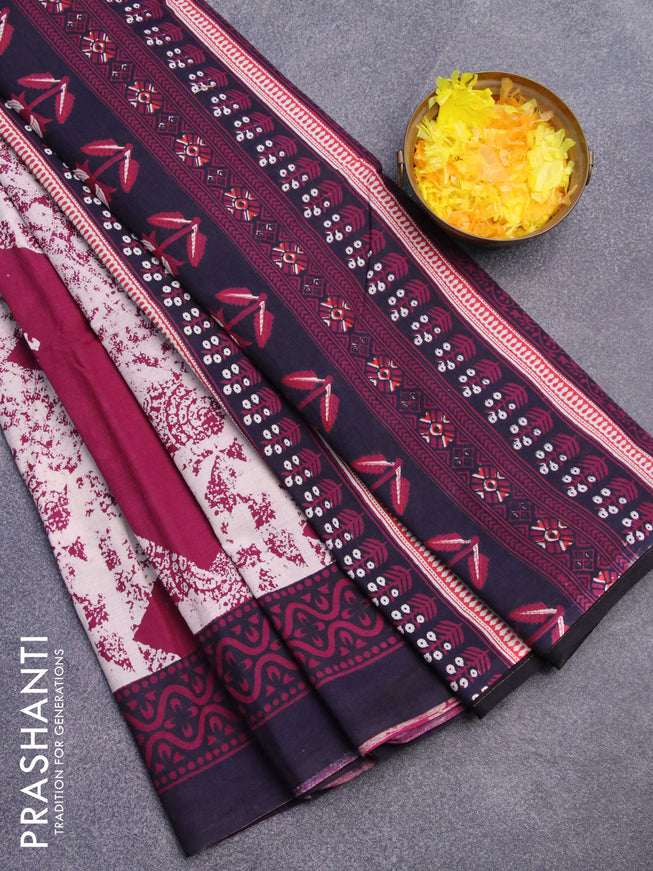 Jaipur cotton saree dark magenta pink and deep wine shade with batik prints and printed border