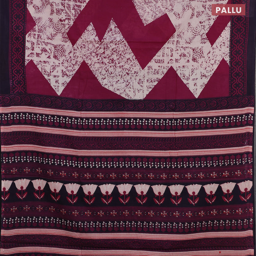 Jaipur cotton saree dark magenta pink and deep wine shade with batik prints and printed border