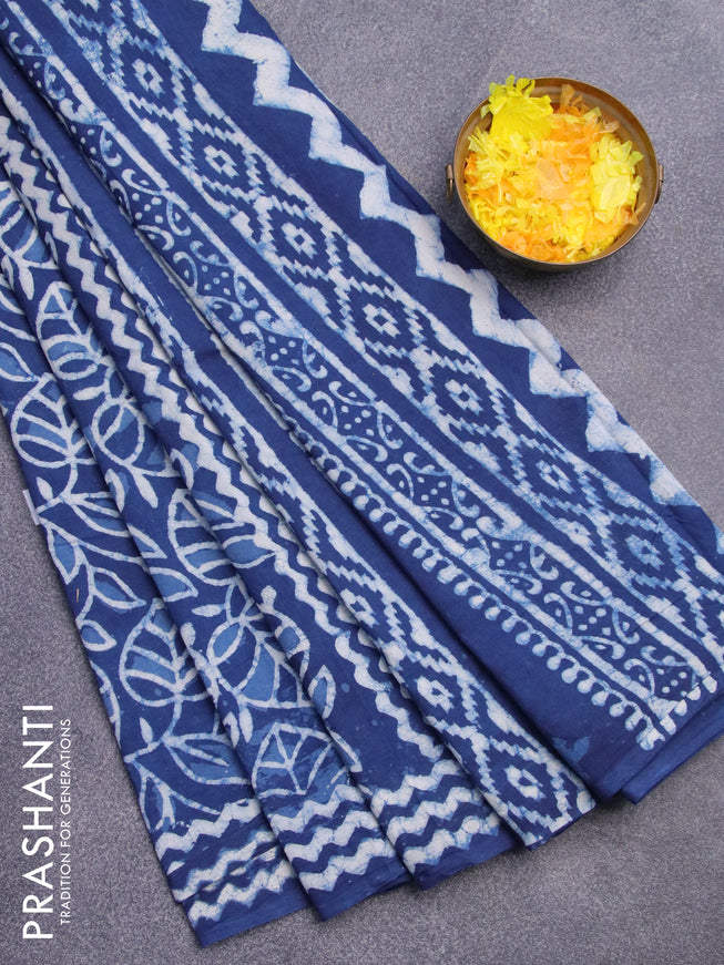 Jaipur cotton saree blue and off white with allover leaf prints and printed border
