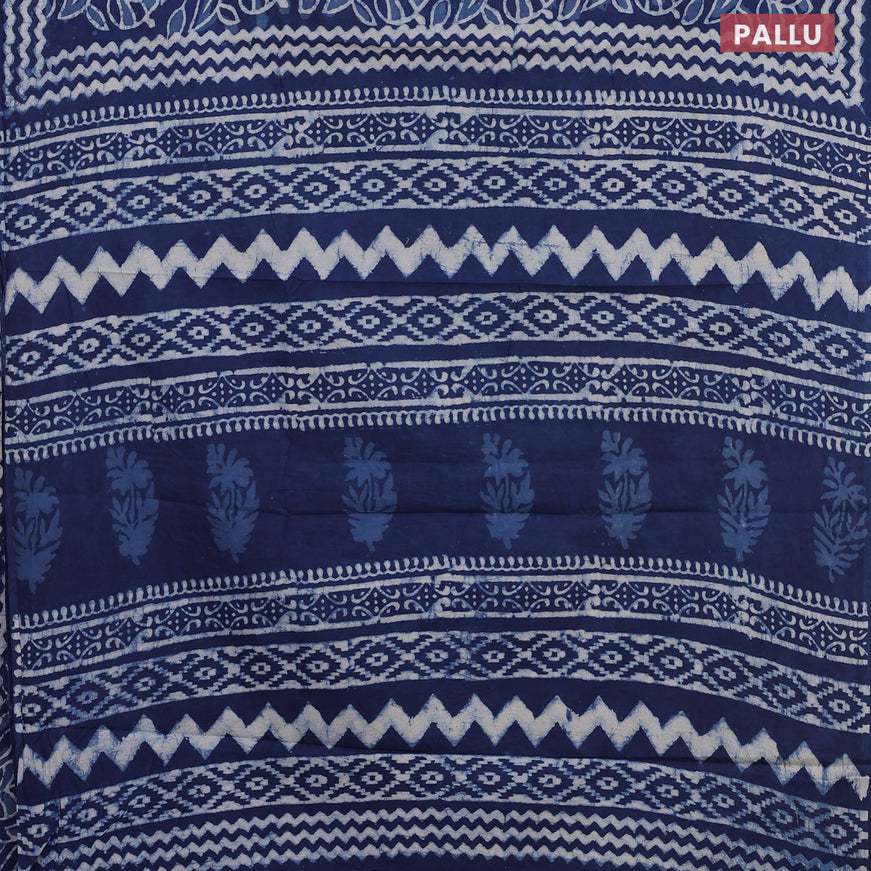Jaipur cotton saree blue and off white with allover leaf prints and printed border