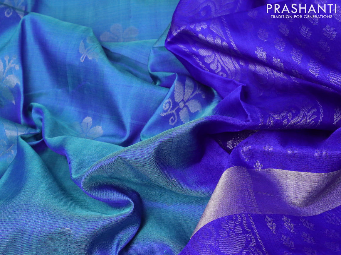 Pure uppada silk saree blue shade and blue with silver zari woven floral buttas and silver zari woven butta border