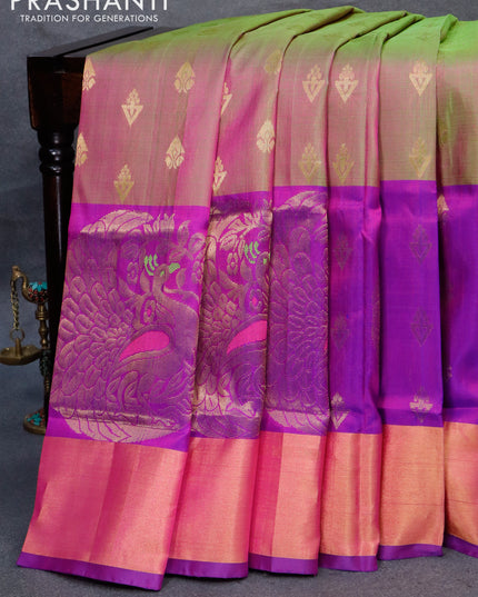 Pure uppada silk saree dual shade of green and deep purple with allover zari woven butts and rich zari woven border