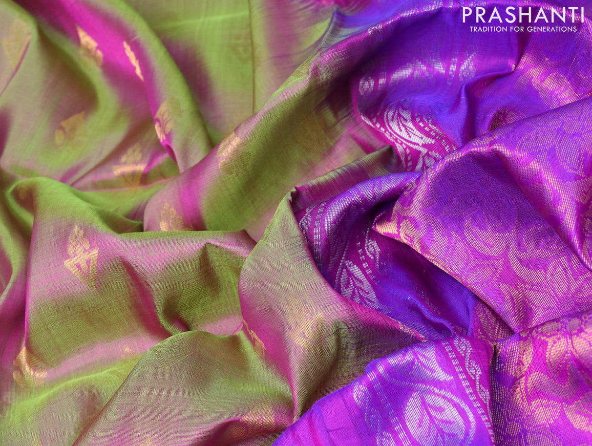 Pure uppada silk saree dual shade of green and deep purple with allover zari woven butts and rich zari woven border