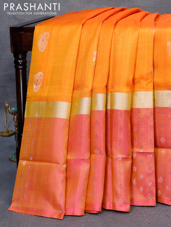 Pure uppada silk saree dual shade of mango yellow and dual shade of pinkish yellow with thread & silver zari woven buttas and long silver zari woven butta border