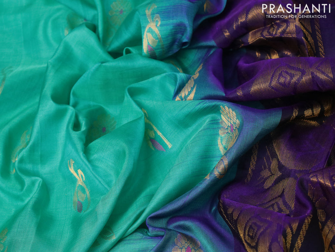 Pure uppada silk saree teal blue and navy blue with silver & gold zari woven buttas and annam zari woven border