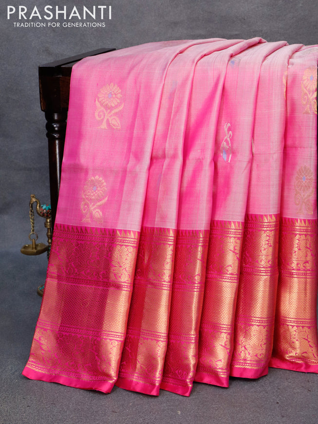 Pure uppada silk saree dual shade of pink and pink with silver & gold zari woven buttas and annam zari woven border