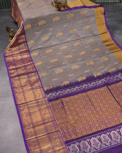 Pure uppada silk saree grey and deep violet with silver & gold zari woven buttas and annam zari woven border
