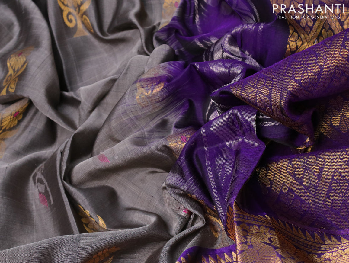Pure uppada silk saree grey and deep violet with silver & gold zari woven buttas and annam zari woven border