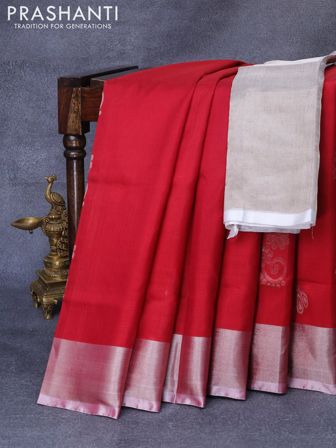 Pure uppada silk saree maroon with silver zari woven buttas and silver zari woven border