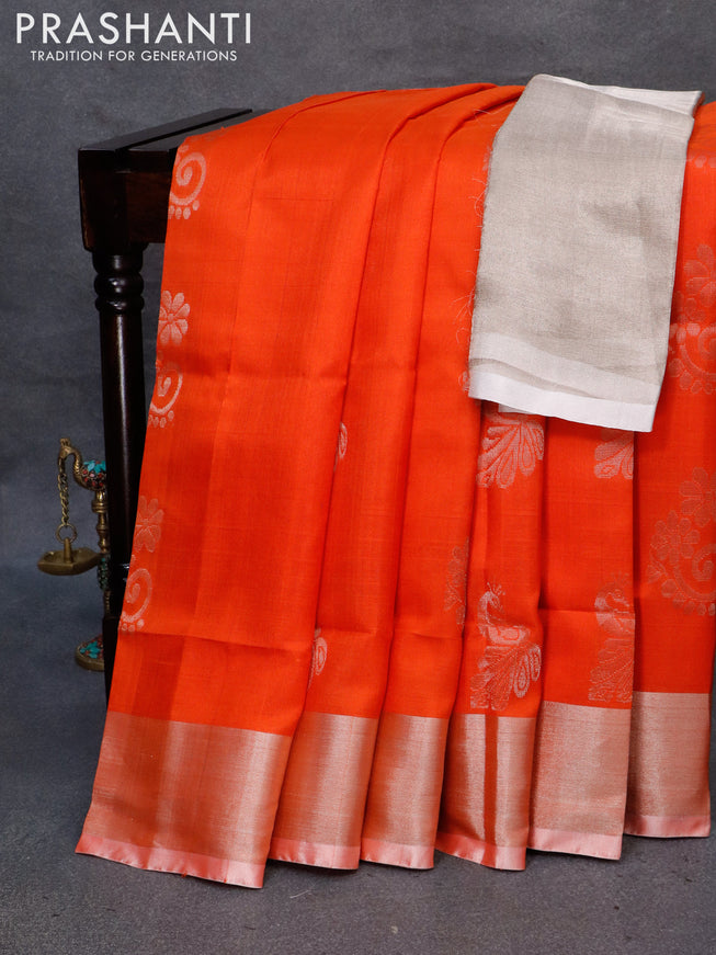 Pure uppada silk saree orange with silver zari woven buttas and silver zari woven border
