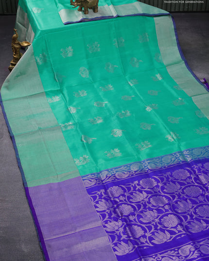 Pure uppada silk saree teal green and blue with silver zari woven buttas and long silver zari woven border