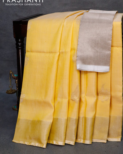 Pure uppada silk saree pale yellow with silver zari woven buttas and silver zari woven border