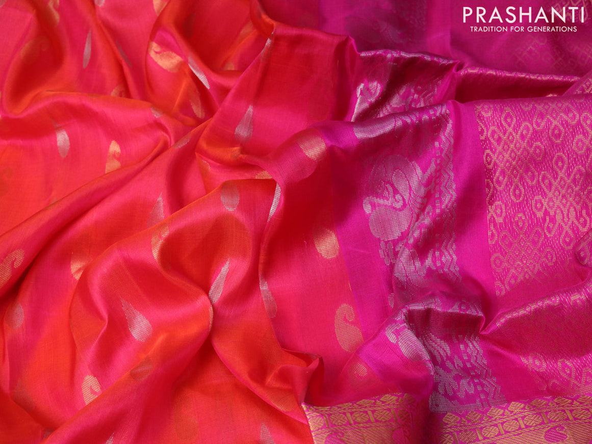 Pure uppada silk saree dual shade of pinkish orange and pink with silver & gold zari woven paisley buttas and long zari woven border