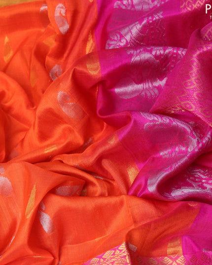 Pure uppada silk saree orange and pink with silver & gold zari woven paisley buttas and long zari woven border