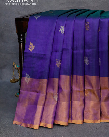 Pure uppada silk saree dual shade of blue and dual shade of yellowish blue with silver & gold zari woven buttas and zari woven border