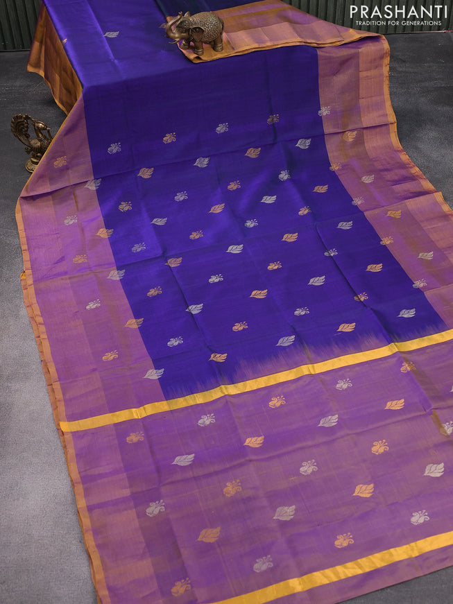 Pure uppada silk saree dual shade of blue and dual shade of yellowish blue with silver & gold zari woven buttas and zari woven border