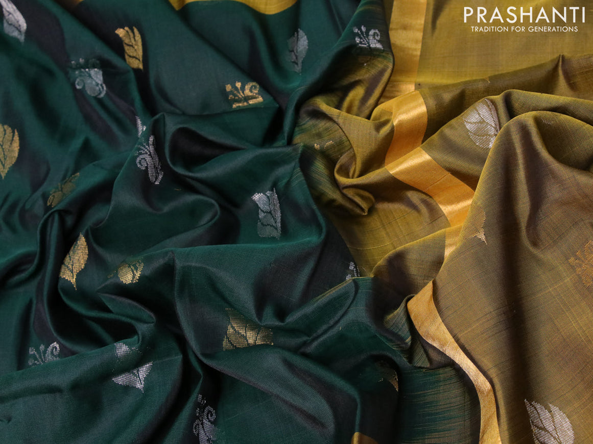 Pure uppada silk saree dark green and mustard yellow with silver & gold zari woven buttas and zari woven border