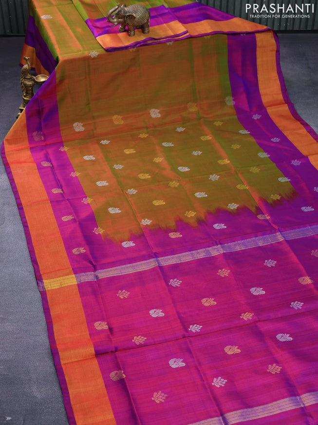 Pure uppada silk saree dual shade of greenish maroon and dual shade of purple with silver & gold zari woven buttas and zari woven border