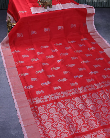 Pure uppada silk saree red with silver zari woven buttas and silver zari woven border