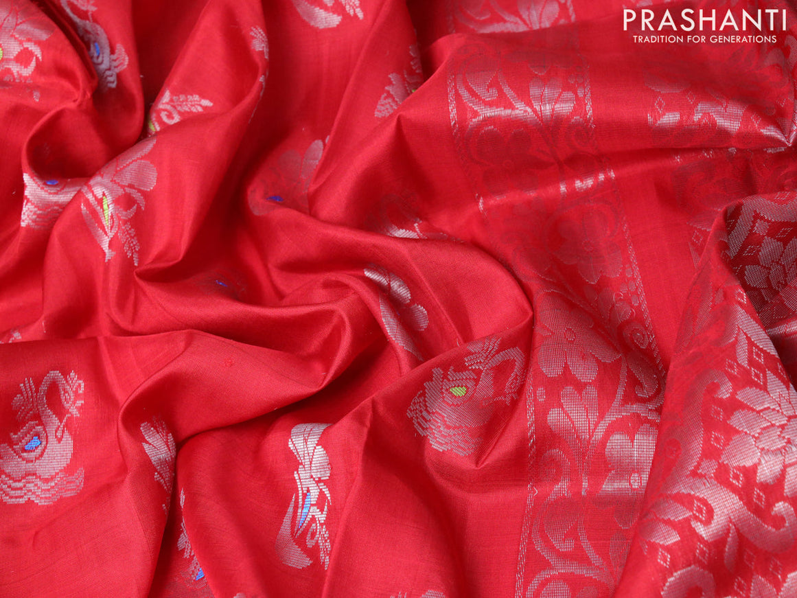 Pure uppada silk saree red with silver zari woven buttas and silver zari woven border