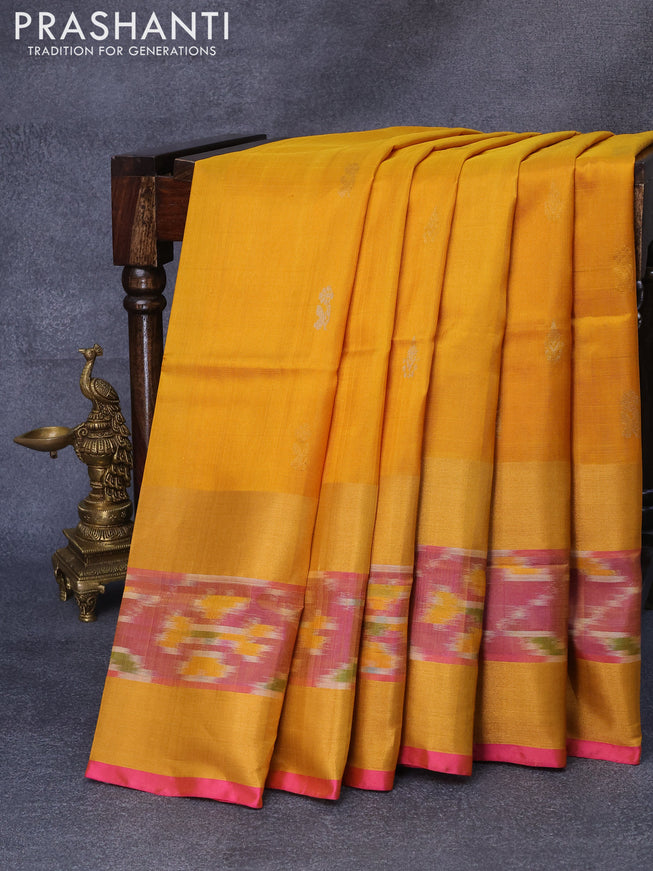 Pure uppada silk saree mustard yellow and pink with silver & gold zari woven buttas and ikat style zari border