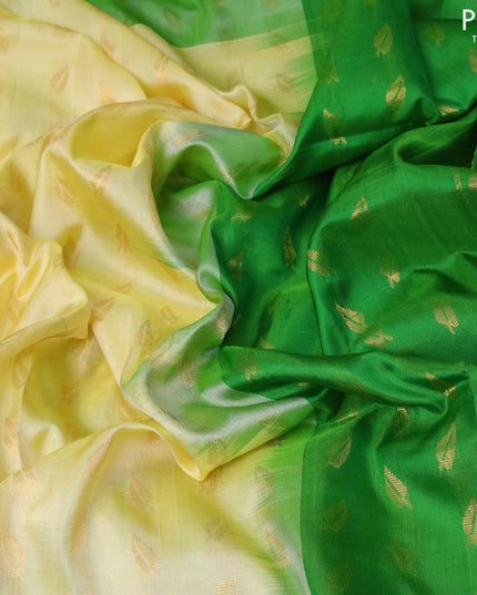 Pure uppada silk saree pale yellow and light green with allover zari woven leaf buttas and rich zari woven border
