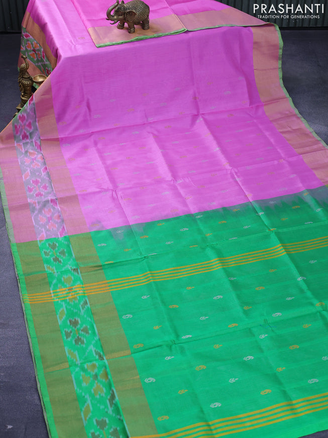 Pure uppada silk saree light pink and light green with silver & gold zari woven buttas and zari woven ikat style border