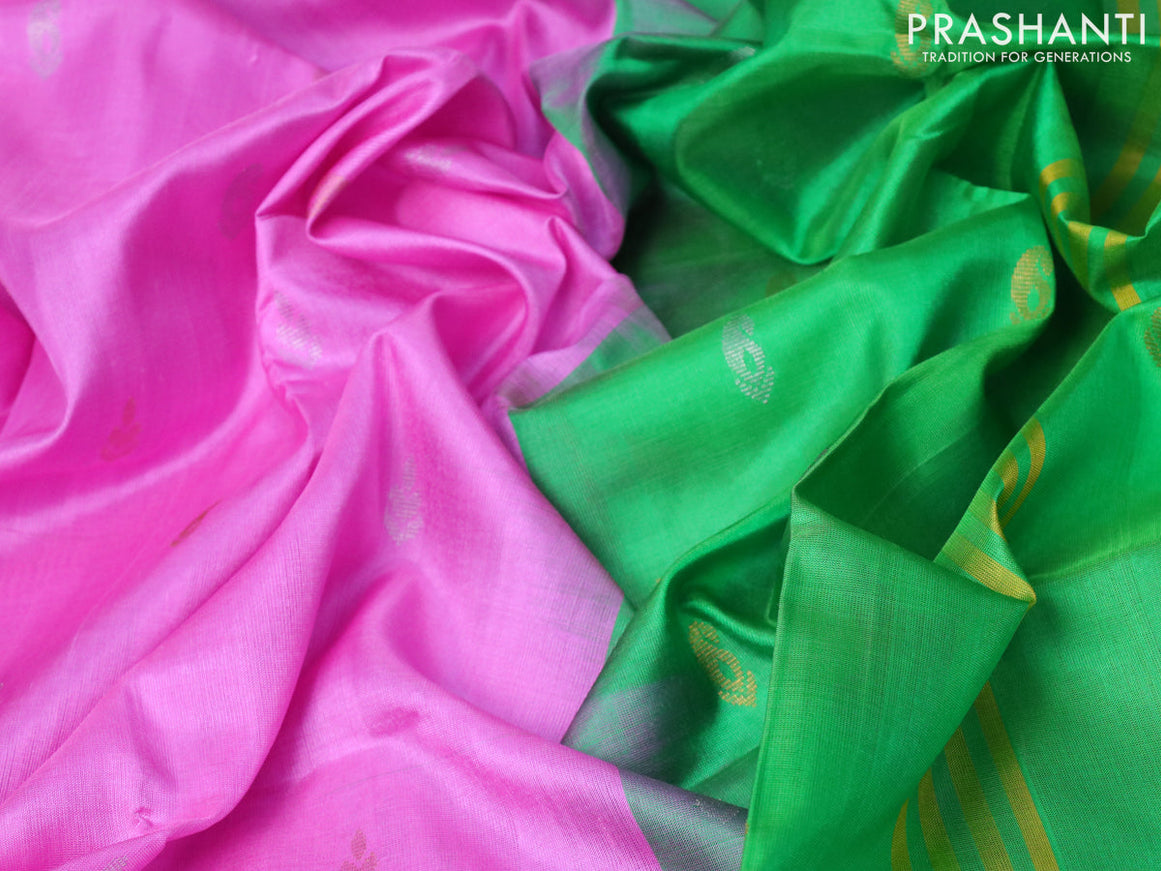 Pure uppada silk saree light pink and light green with silver & gold zari woven buttas and zari woven ikat style border