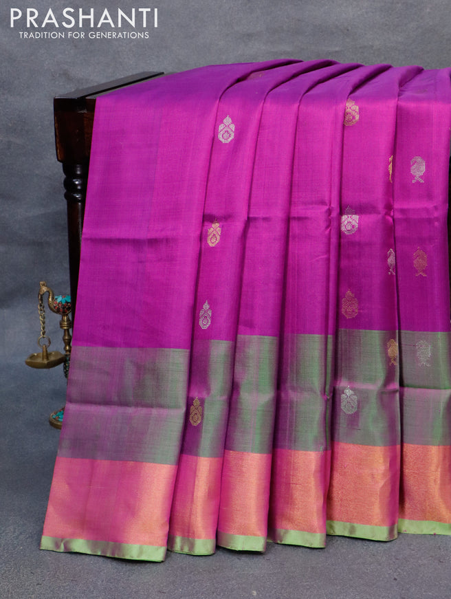 Pure uppada silk saree purple and light green with silver & gold zari woven buttas and zari woven border