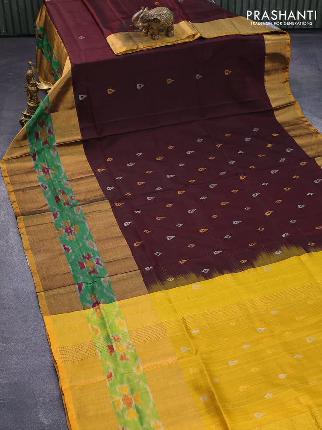 Pure uppada silk saree coffee brown and mustard yellow with silver & gold zari woven buttas and long zari woven ikat style border