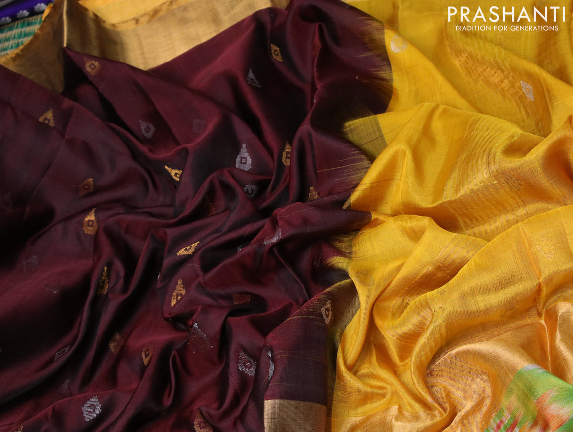 Pure uppada silk saree coffee brown and mustard yellow with silver & gold zari woven buttas and long zari woven ikat style border