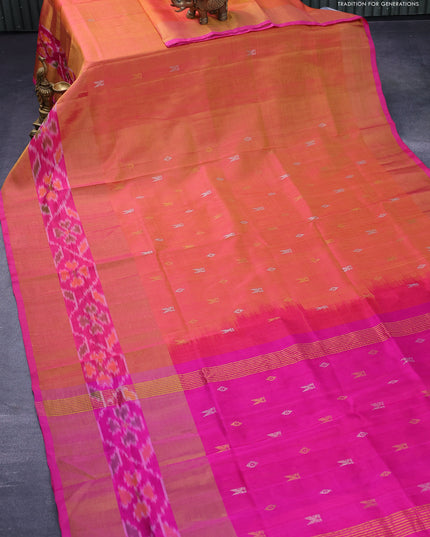 Pure uppada silk saree dual shade of yellowish pink and pink with silver & gold zari woven buttas and long zari woven ikat style border