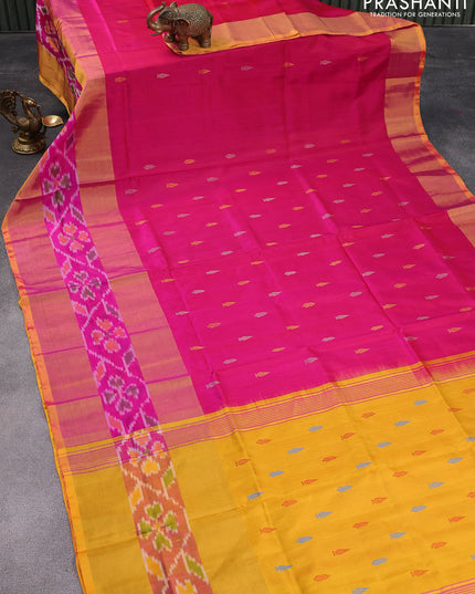 Pure uppada silk saree dual shade of pink and yellow with silver & gold zari woven buttas and long zari woven ikat style border
