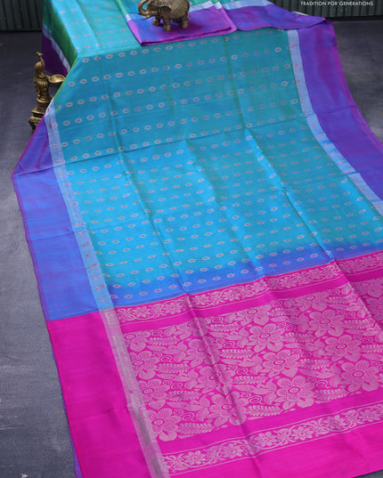 Pure uppada silk saree dual shade teal bluish green and pink with allover thread & silver zari woven floral buttas and zari woven simple border