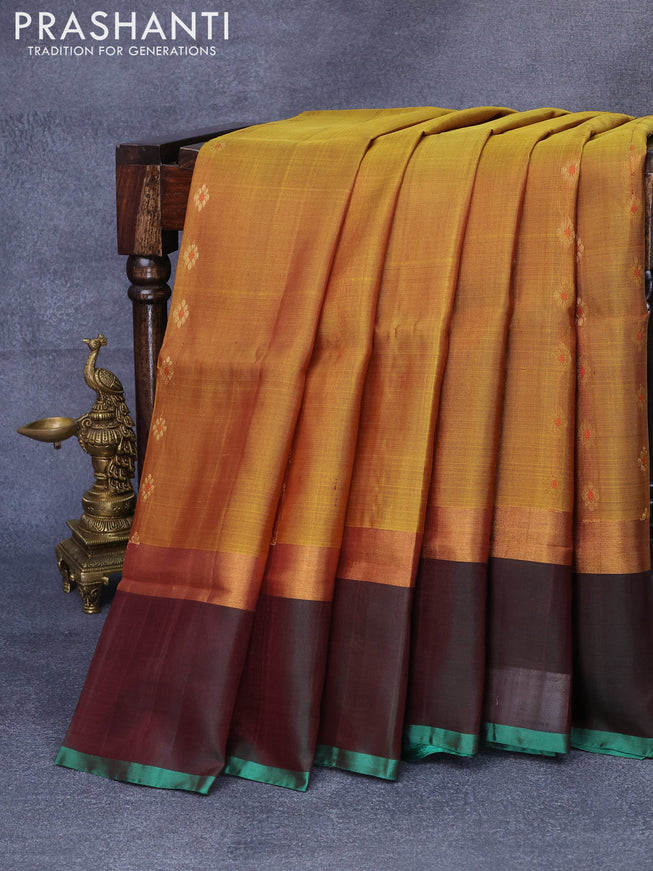 Pure uppada silk saree dual shade of mustard and dual shade of greenish maroon with allover thread & zari woven floral buttas and zari woven simple border