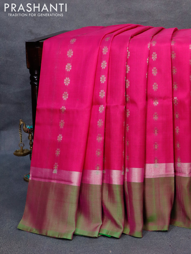 Pure uppada silk saree pink and green with allover thread & silver zari woven floral buttas and zari woven simple border