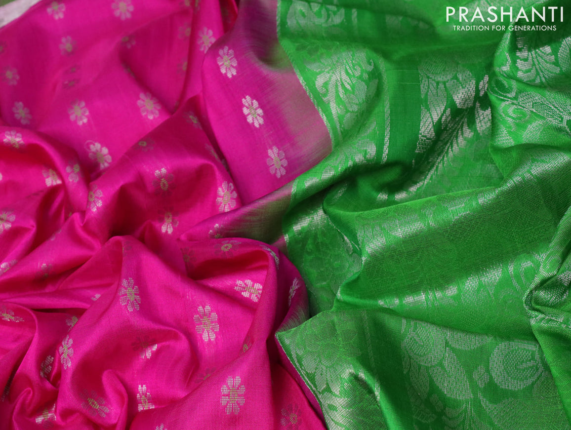 Pure uppada silk saree pink and green with allover thread & silver zari woven floral buttas and zari woven simple border