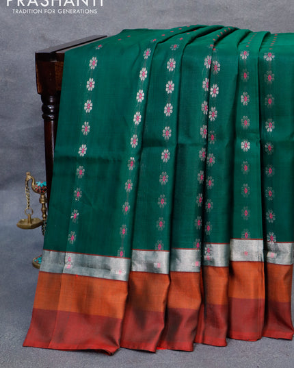 Pure uppada silk saree dark green and red with allover thread & silver zari woven floral buttas and zari woven simple border