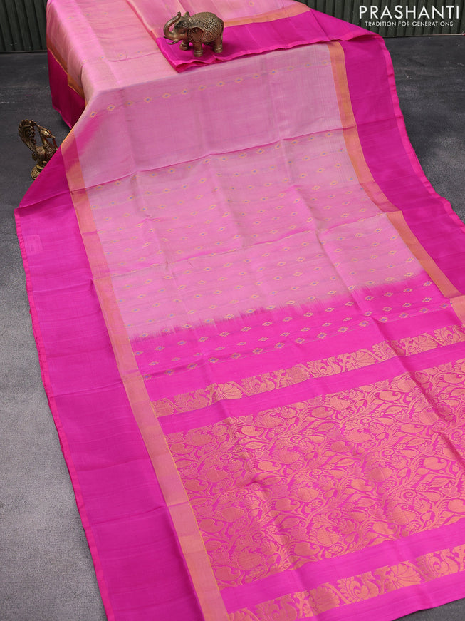 Pure uppada silk saree dual shade of light pink and pink with allover thread & zari woven floral buttas and zari woven simple border