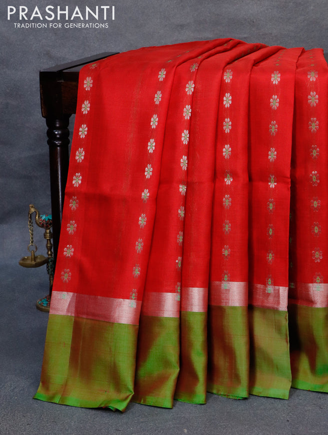 Pure uppada silk saree red and green with allover thread & silver zari woven floral buttas and zari woven simple border