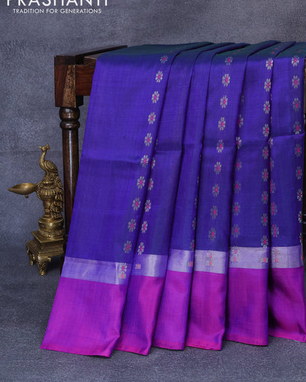 Pure uppada silk saree dual shade of blue and pink with allover thread & silver zari woven floral buttas and zari woven simple border