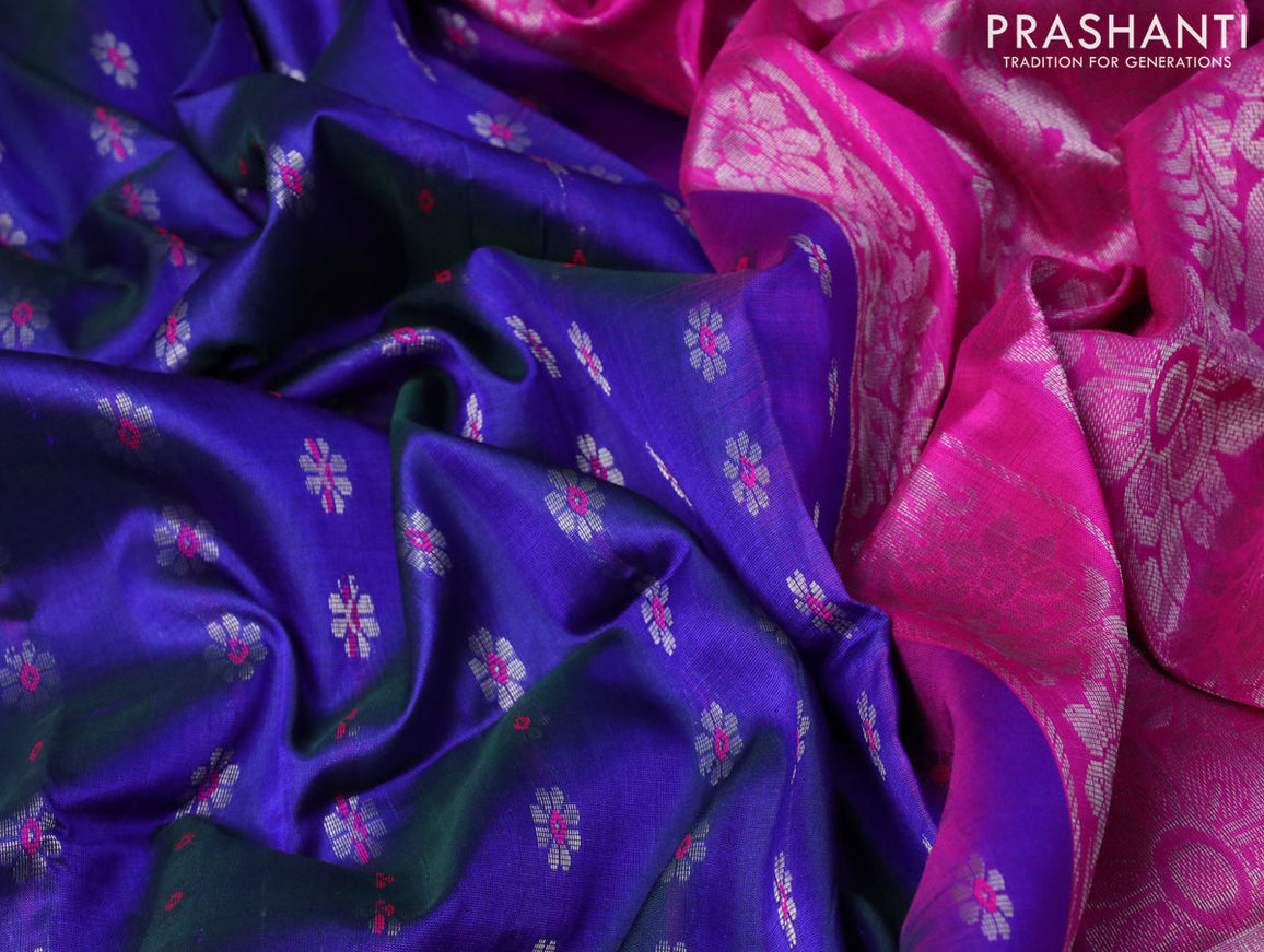 Pure uppada silk saree dual shade of blue and pink with allover thread & silver zari woven floral buttas and zari woven simple border