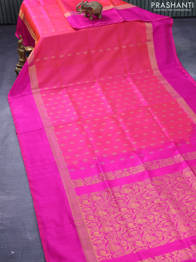 Pure uppada silk saree dual shade of pinkish orange and pink with allover thread & zari woven floral buttas and zari woven simple border